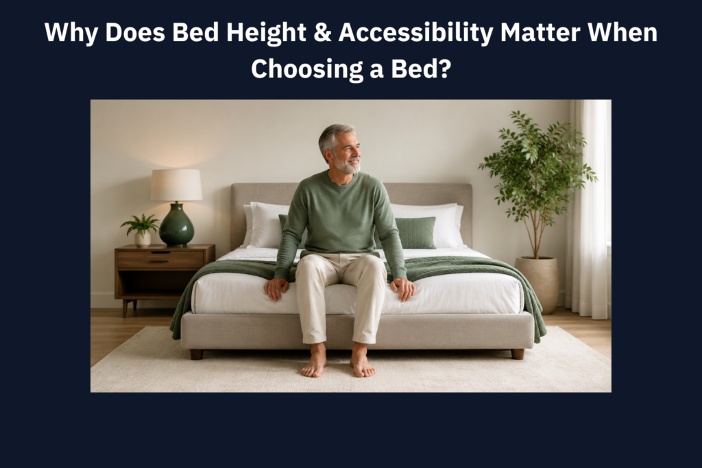 Proper bed height and accessibility shown by a man sitting comfortably with feet flat on the floor.