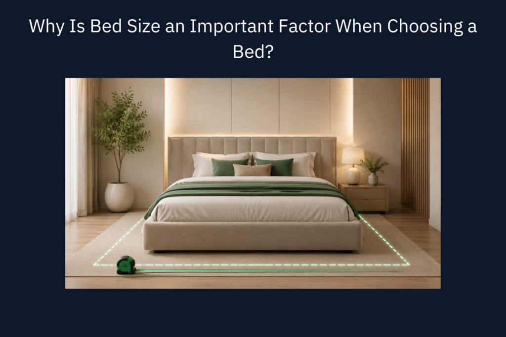 Modern bedroom with a large bed, green accents, and a measuring tape showing how bed size fits the room.