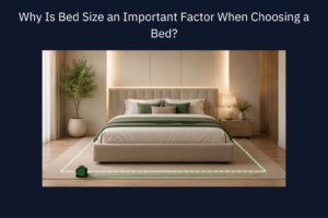 Modern bedroom with a large bed, green accents, and a measuring tape showing how bed size fits the room.