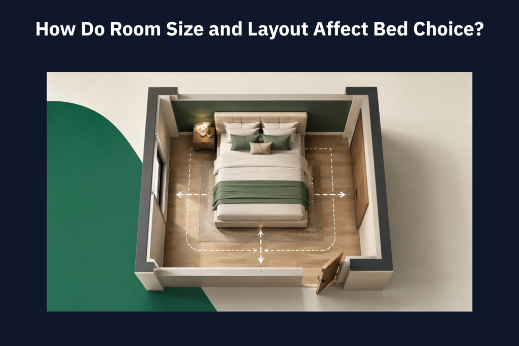 Alt text: Top-down modern bedroom layout showing a centered bed, walking space guides, and furniture placement to explain how room size affects bed choice.