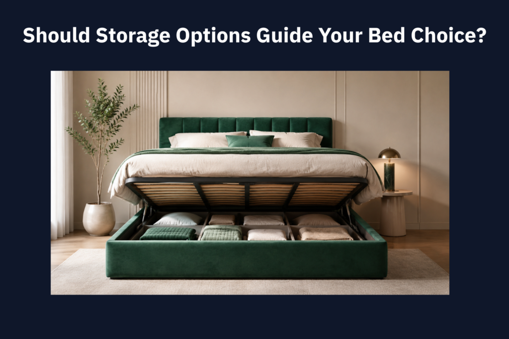 Modern green upholstered storage bed with lift-up under-bed compartments and neatly folded linens in a minimalist bedroom.