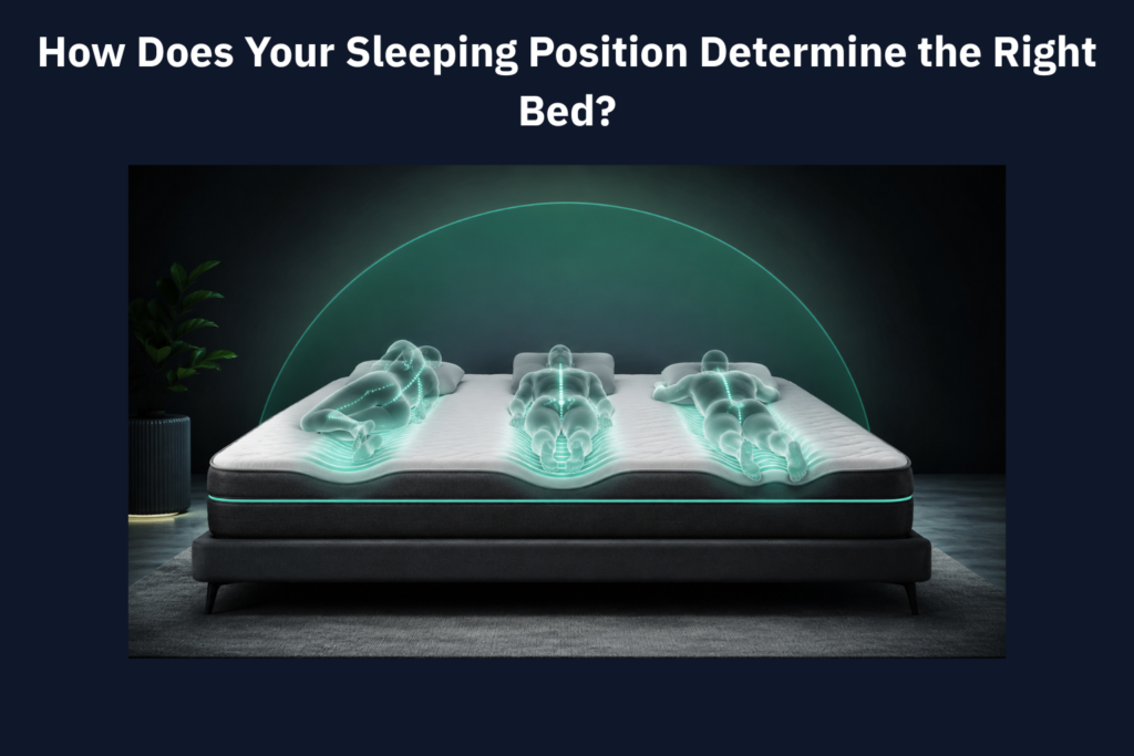 Premium mattress showing side, back, and stomach sleeping positions with glowing support zones, illustrating how sleep posture helps determine the right bed.