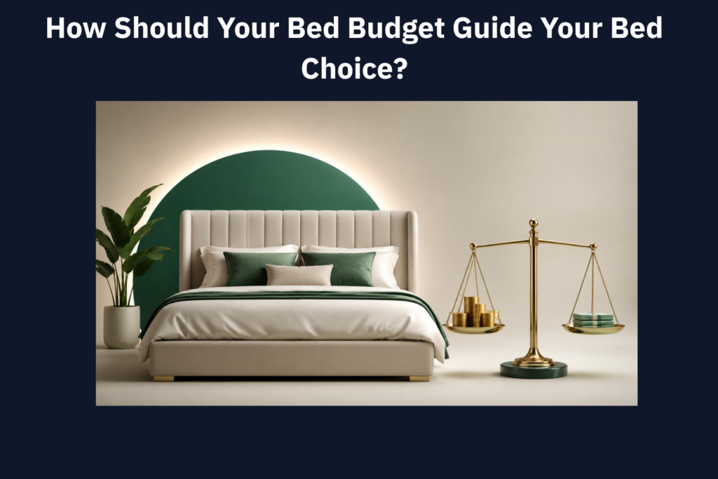 Premium bed beside a balance scale with money, showing how budget guides the right bed choice.