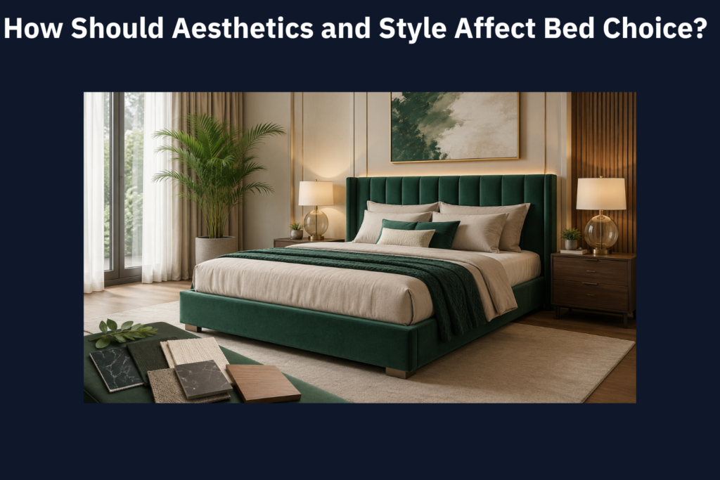 Stylish green upholstered bed in a coordinated modern bedroom, showing how aesthetics and interior design influence bed choice.