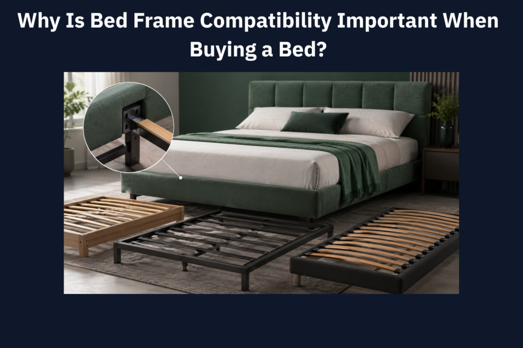Premium upholstered bed shown with multiple support frames, highlighting bed frame compatibility and proper mattress support.