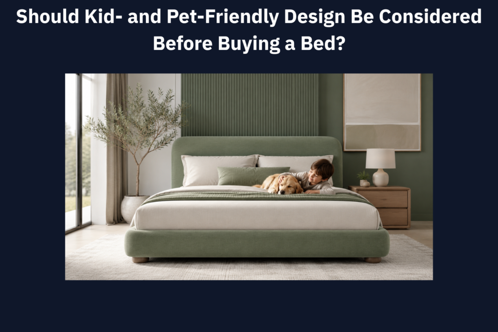 Child and dog relaxing on a low upholstered bed, showing a kid- and pet-friendly bed design.