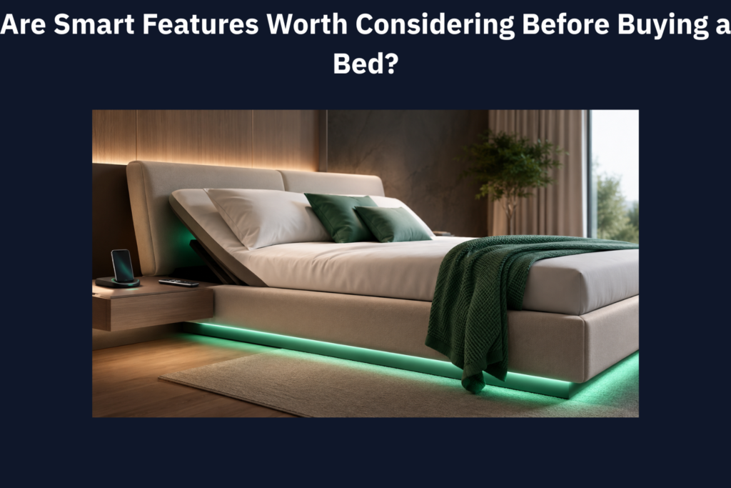 Smart adjustable bed with under-bed lighting, wireless charging, and remote control in a modern bedroom.