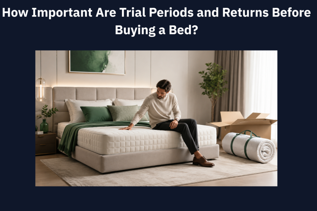 Man testing a new mattress beside open packaging during a bed trial period and return evaluation.