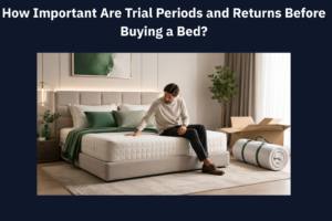Man testing a new mattress beside open packaging during a bed trial period and return evaluation.