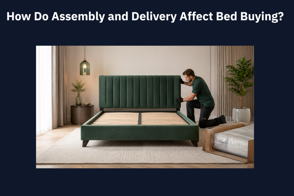 Professional installer assembling a green upholstered bed beside packaged mattress delivery in a modern bedroom.