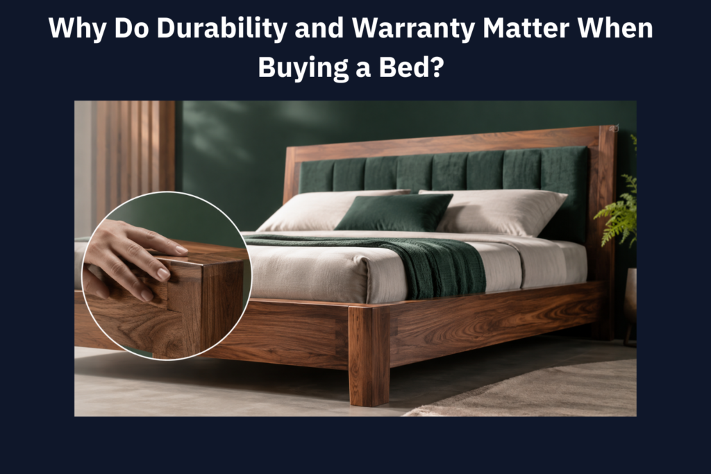 Premium solid wood bed frame with green upholstered headboard, highlighting durable construction and material quality.
