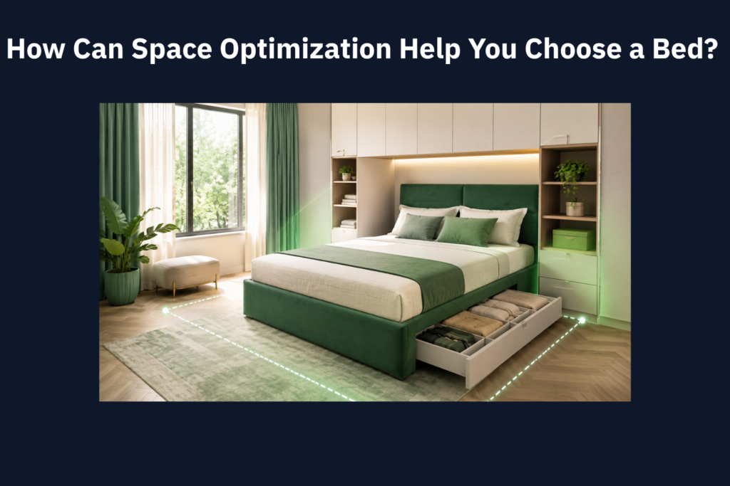 Green storage bed with built-in drawers and surrounding cabinets, showing space optimization in a modern bedroom.