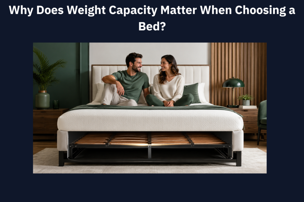 Couple sitting on a reinforced bed with visible metal support frame, showing the importance of bed weight capacity.