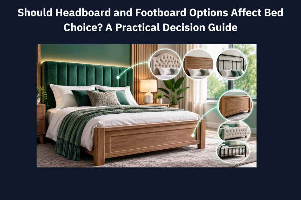 Bed with upholstered headboard and wooden footboard shown alongside alternative headboard and footboard options in wood, fabric, and metal.