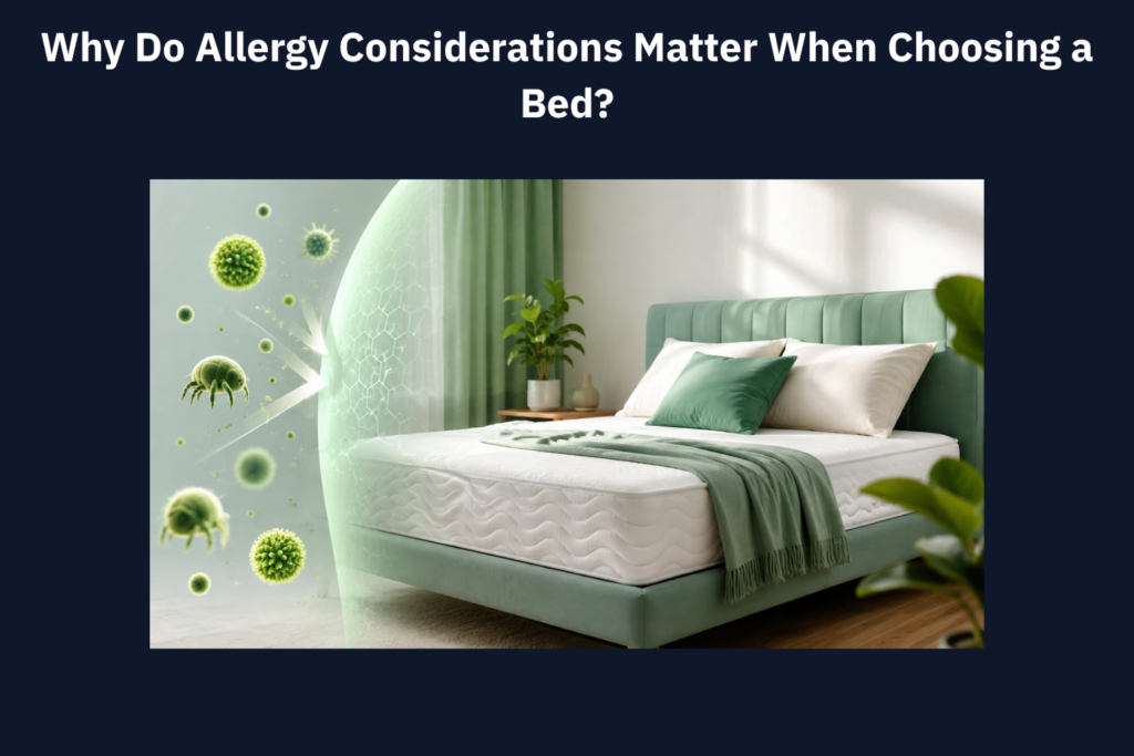 Hypoallergenic bed and mattress protected from dust mites, pollen, and airborne allergens in a clean modern bedroom.