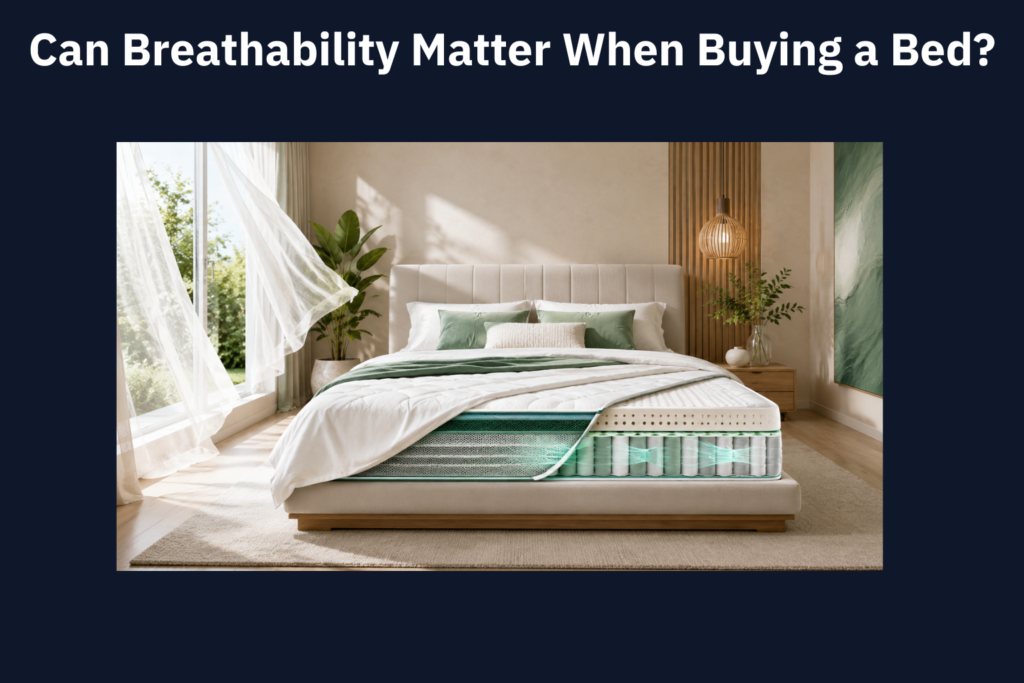 Breathable mattress with ventilated layers and pocket springs in a bright, airy bedroom with natural airflow.