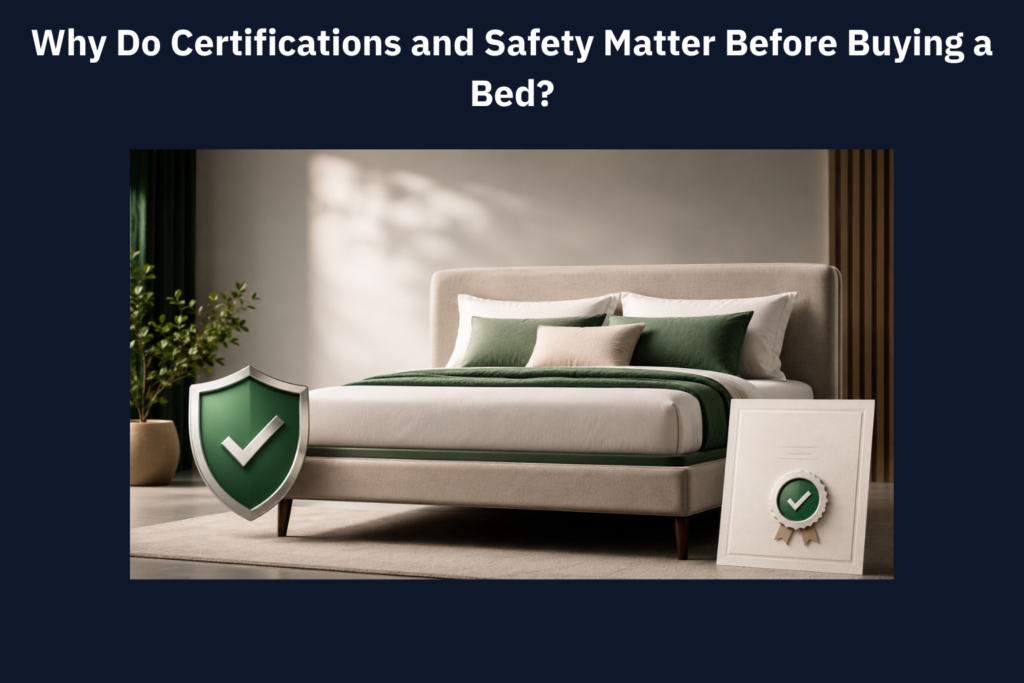 Modern upholstered bed with green accents, a protective shield, and certification seal symbolizing bed safety, quality standards, and verified certifications.