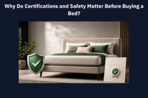 Modern upholstered bed with green accents, a protective shield, and certification seal symbolizing bed safety, quality standards, and verified certifications.