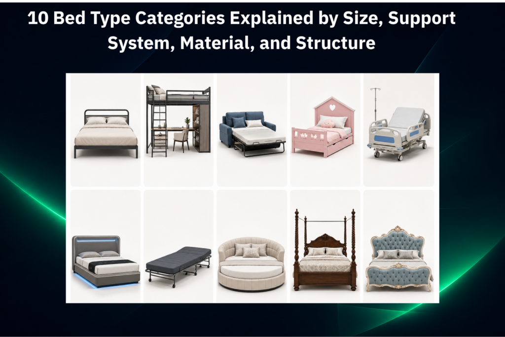10 bed types showing standard, space-saving, convertible, kids, medical, smart, portable, specialty, traditional, and decorative bed designs.