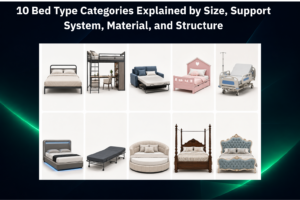 10 bed types showing standard, space-saving, convertible, kids, medical, smart, portable, specialty, traditional, and decorative bed designs.