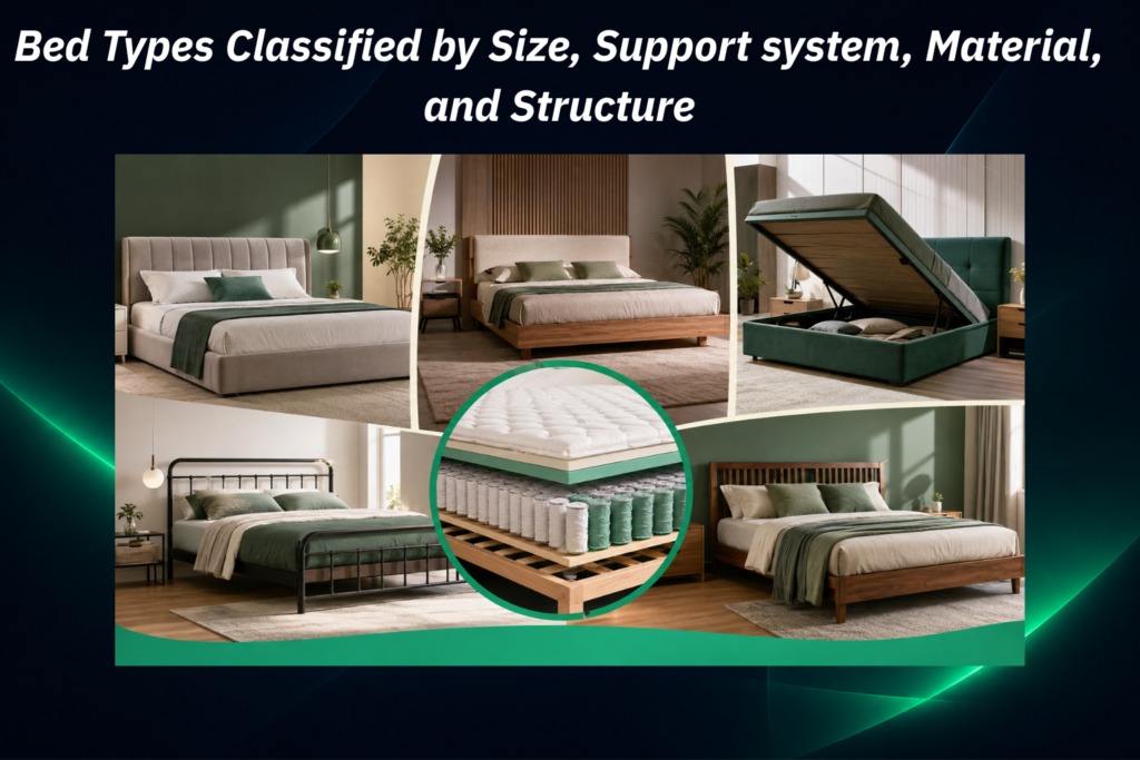 Different bed types arranged by size, support system, material, and structure, including upholstered, wooden, metal, and storage beds.