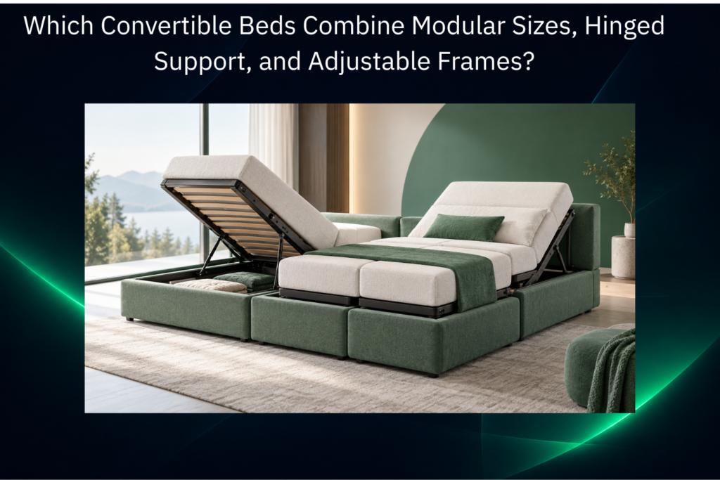 Convertible modular bed with hinged support, adjustable frame sections, and integrated storage in a modern green and neutral bedroom.