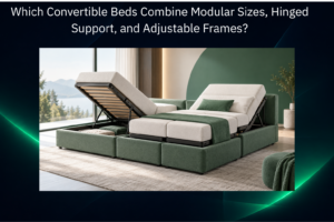 Convertible modular bed with hinged support, adjustable frame sections, and integrated storage in a modern green and neutral bedroom.
