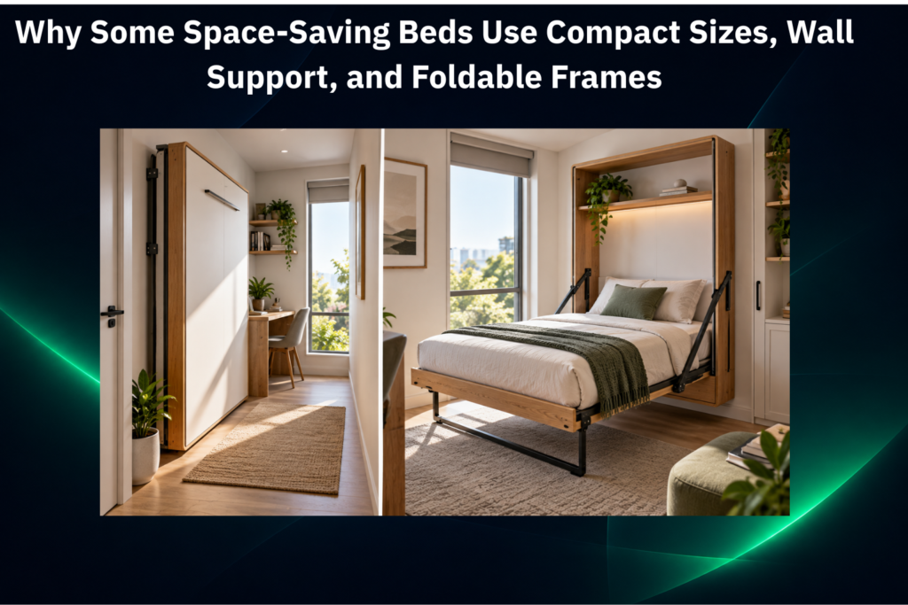 Compact wall-mounted space-saving bed with foldable frame and wall support in a small modern bedroom.