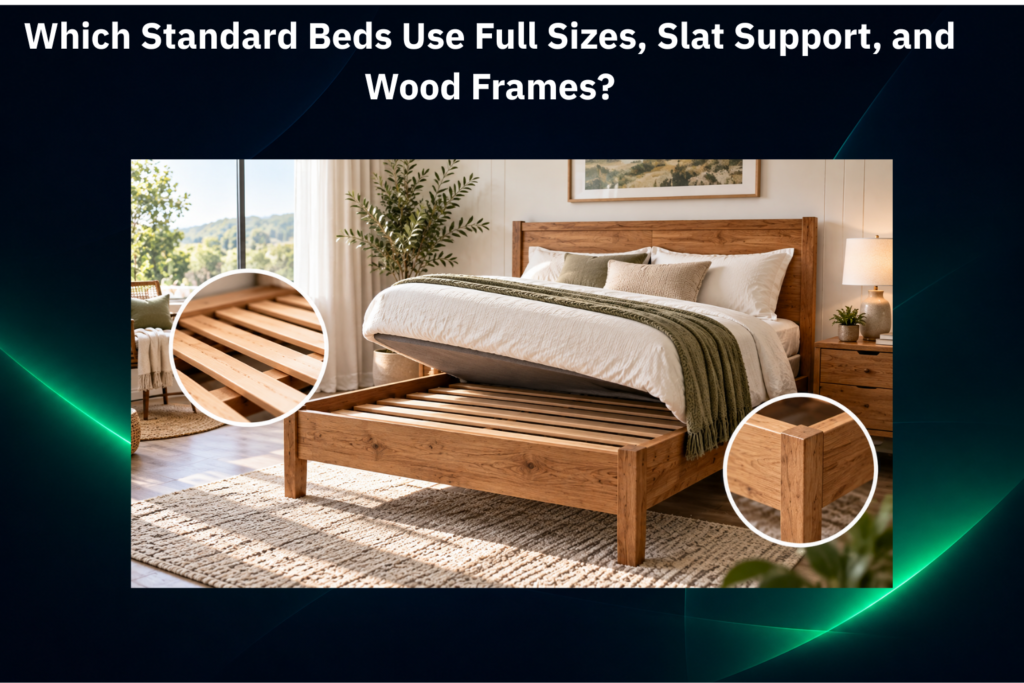 Full-size wooden bed with exposed slat support and solid wood frame in a modern bedroom.