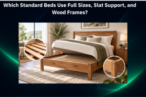 Full-size wooden bed with exposed slat support and solid wood frame in a modern bedroom.