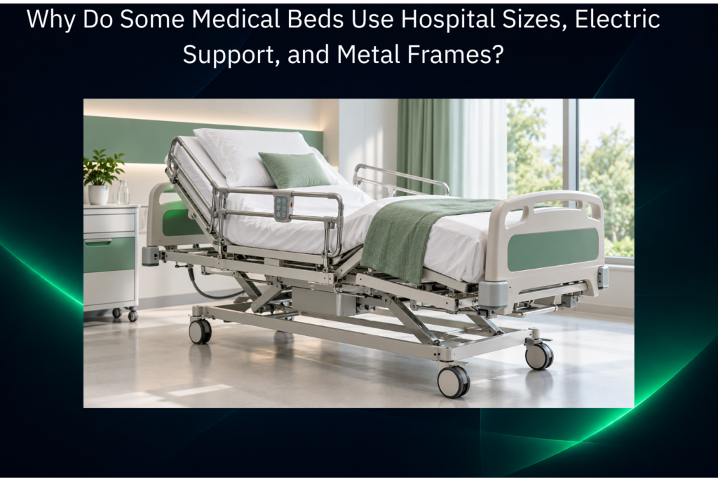 Adjustable medical bed with electric positioning, hospital-size mattress, side rails, and durable metal frame in a modern care setting.