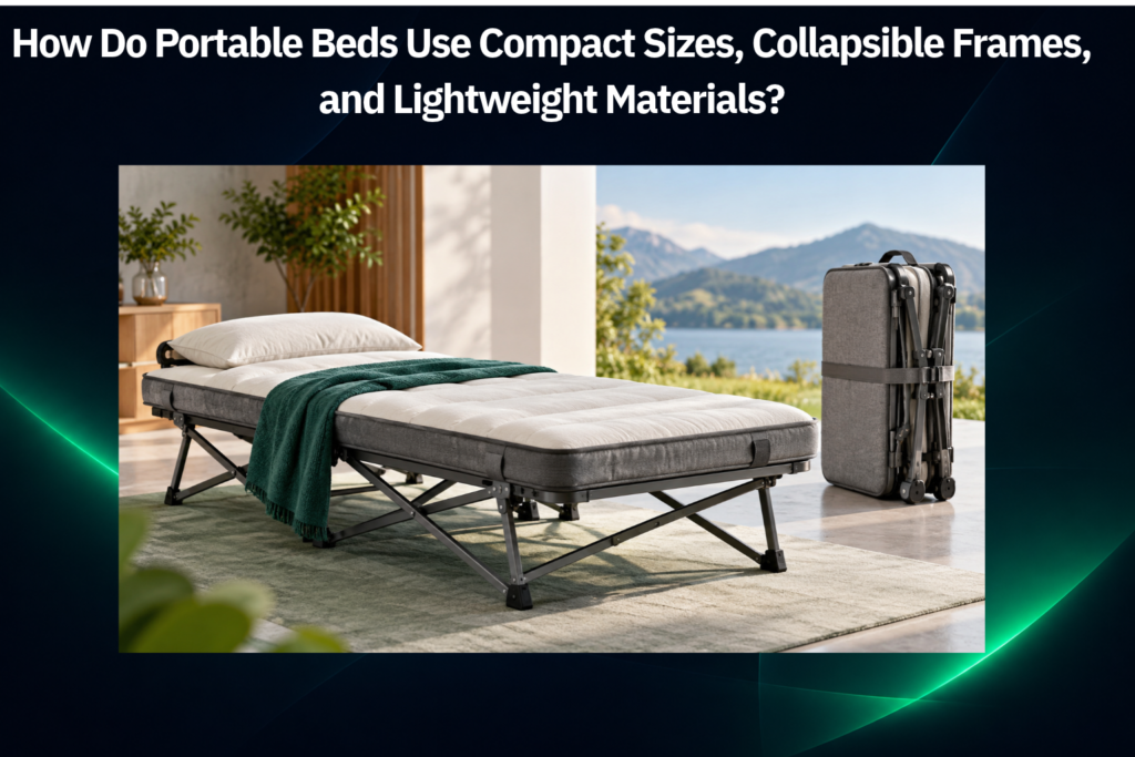 Portable folding bed with compact collapsible metal frame, lightweight mattress, and folded carry-ready design.