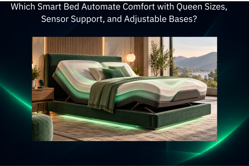 Smart queen bed with sensor-based comfort technology, adjustable base, and automated positioning in a modern bedroom.