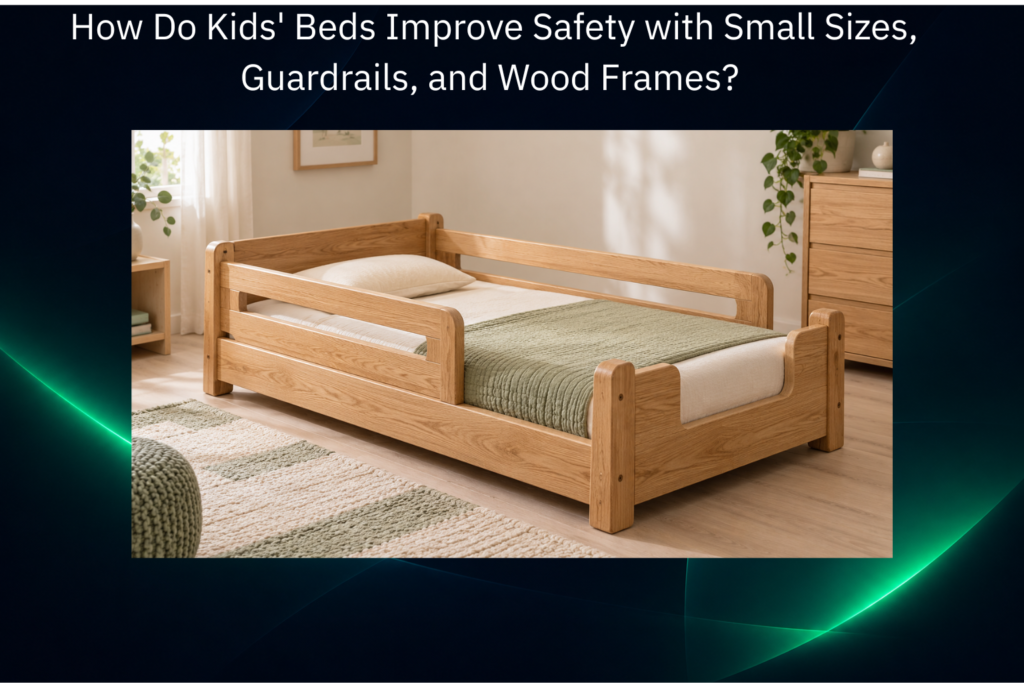 Low wooden kids’ bed with rounded corners, side guardrails, and a fitted mattress in a sunlit bedroom.
